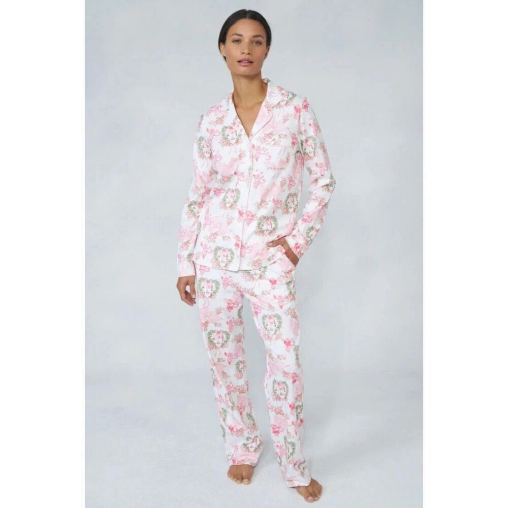 Roller Rabbit LoveShackFancy Merry Monkey Beaux Pajamas Holiday Pink Women Small